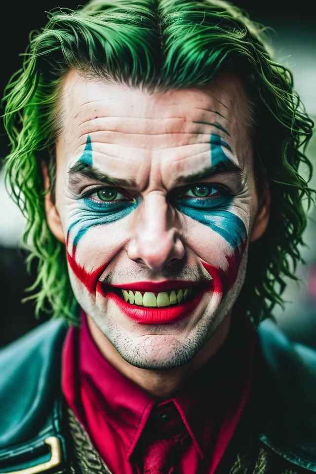 A imagem mostra um homem com cabelo verde e maquiagem de palhaço. Ele está usando um terno vermelho e azul. Seu rosto está pintado de branco com acentos azuis e vermelhos. Seus olhos são verdes e seus lábios são vermelhos. Ele tem um sorriso largo no rosto.