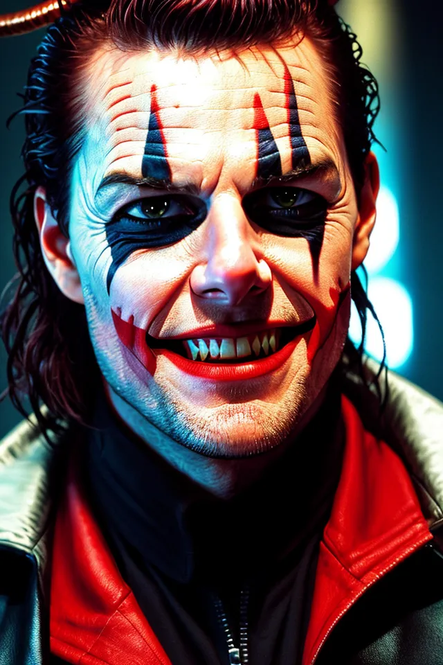 The image is a portrait of a man with face paint resembling The Joker from Batman. He has black hair and green eyes, with white, red, and black face paint. He is wearing a black leather jacket and has a wide smile on his face. The background is dark with blue and red lights reflecting off his face.