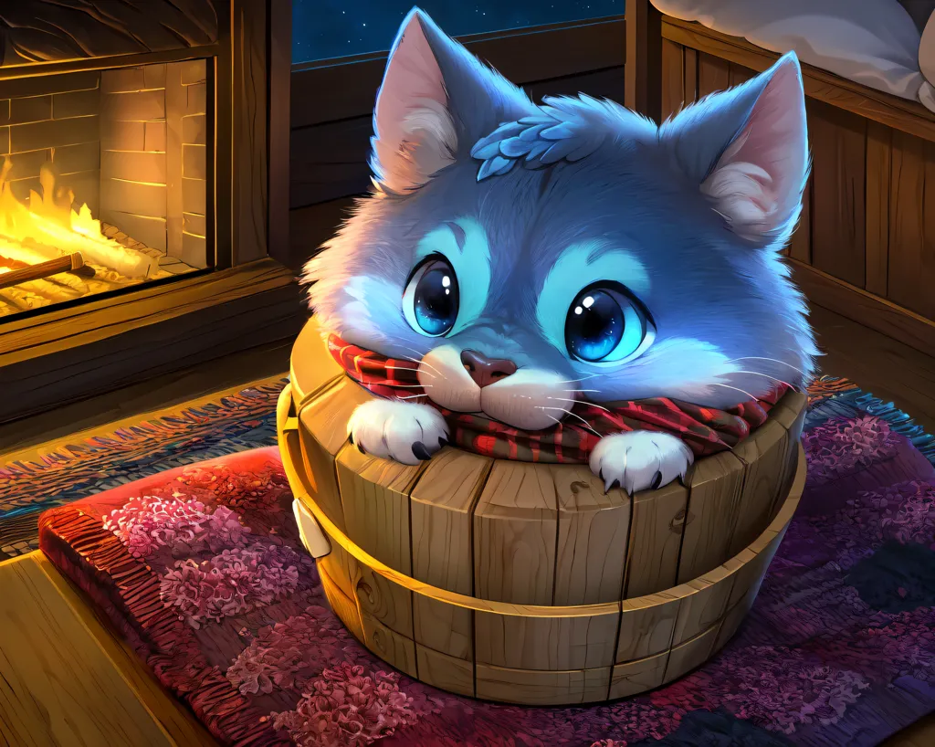 The image shows a cute, cartoon-like creature sitting in a wooden bucket. The creature has blue fur, big blue eyes, and a pink nose. It is wearing a red and white striped scarf around its neck. The bucket is sitting on a flowered rug in front of a fireplace. The fire is orange and yellow, and there are some embers in the fireplace. The background of the image is a night sky with stars.