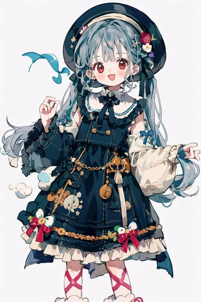 The image shows a young girl with long blue hair and red eyes. She is wearing a black and blue dress with a white collar and a black hat with a blue flower on it. She also has a small blue bird on her shoulder and is surrounded by small, white, cloud-like creatures. The girl has a happy expression on her face and appears to be enjoying herself.