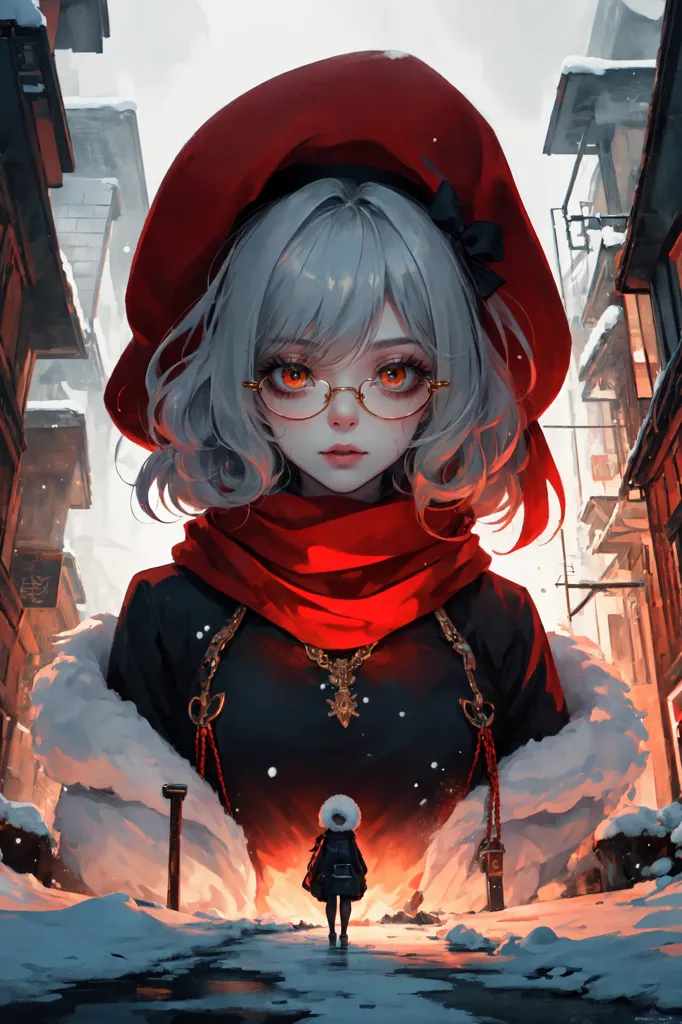 The image is a painting of a young woman with silver hair and red eyes. She is wearing a red beret, a red scarf, and a black dress with a white collar. She is standing in a snowy street with a determined expression on her face. In the background, there is a building with a red roof. The painting is done in a realistic style, and the colors are vibrant and lifelike.