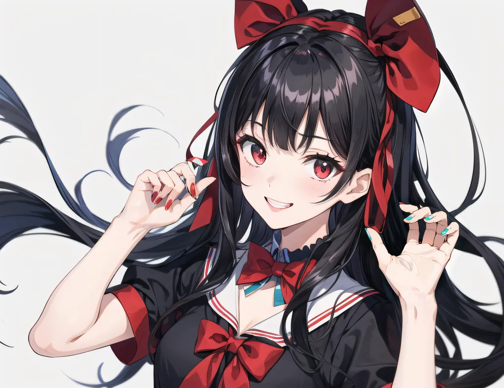 The image shows a young woman with long black hair and red eyes. She is wearing a black and red sailor-style outfit with a large red bow in her hair. She has a friendly smile on her face and is gesturing with her hands.