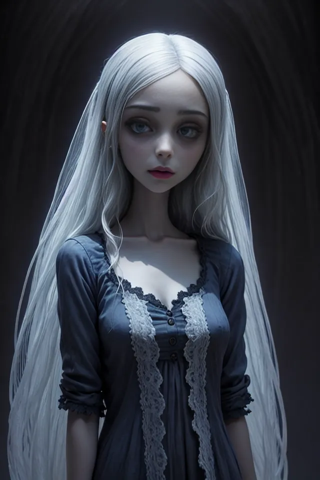 The image is a portrait of a young woman with long white hair and pale skin. She is wearing a blue dress with a white collar. The background is dark and out of focus. The woman's eyes are dark and her expression is serious. She is looking at the viewer with her head tilted slightly to the right.