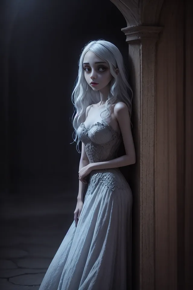 The image is a portrait of a young woman. She has long white hair, pale skin, and dark eyes. She is wearing a white dress with a corset. She is standing in a dark room, with only a single light source illuminating her from the left. The light is creating shadows on her face and body, highlighting her cheekbones and collarbone. The woman's expression is one of sadness and longing. She seems to be lost in thought, perhaps about a lost love or a better life. The image is both beautiful and haunting, and it leaves the viewer wondering about the woman's story.