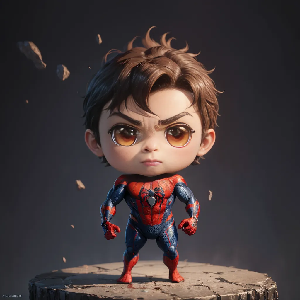 この画像は、チビサイズのスパイダーマンの3Dレンダリングを示しています。彼は瓦礫の上に立っており、両手を固く握り、目を大きく開いています。彼は、胸に白いクモのロゴが追加された、クラシックな赤と青のスーツを着ています。彼の髪は茶色で、目は茶色です。背景は暗灰色です。