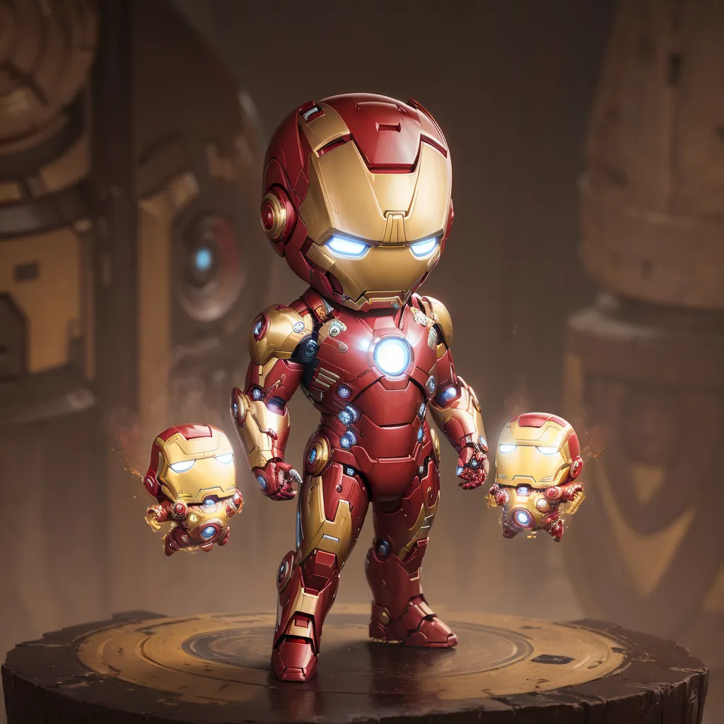 The image shows Iron Man, a superhero from the Marvel comics. He is wearing his iconic red and gold armor and is standing in a heroic pose. There are two smaller Iron Man suits flying on either side of him. The background is a blurred out image of a factory.