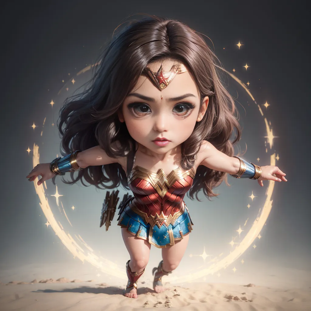 This image shows a little girl dressed as Wonder Woman. She has brown hair and brown eyes. She is wearing a red, white, and blue outfit with a gold belt and silver bracelets. She is also wearing a tiara on her head. She is standing in a fighting stance, with her feet shoulder-width apart and her arms outstretched. She has a determined look on her face, and it is clear that she is ready for a fight. The background is a sandy, rocky landscape with a glowing, golden lasso.