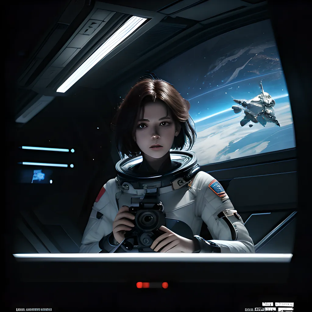 A young girl in a spacesuit is sitting in a spaceship. She is looking at a camera. There is a window in the background of the spaceship. A spaceship can be seen outside the window.