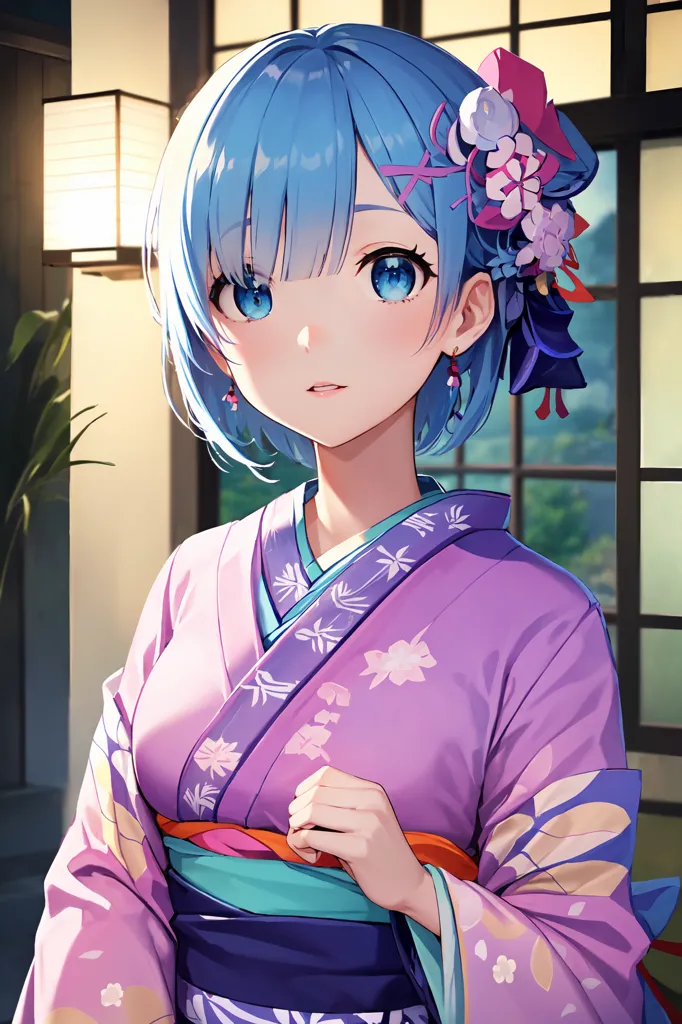 L'image est une peinture d'une jeune femme en kimono. Elle a les cheveux et les yeux bleus, et elle porte un kimono rose et violet avec un motif floral. Le kimono est attaché avec un obi bleu, et elle porte un haori blanc par-dessus. Elle se tient dans une pièce avec un lampion en papier en arrière-plan, et elle a une expression légèrement surprise sur le visage.