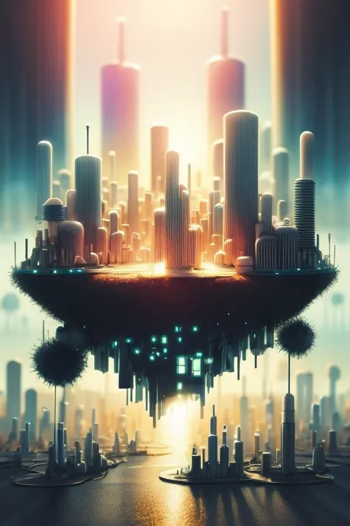 The image is of a futuristic city. The city is built on a large, floating island. The island is surrounded by a sea of clouds. The city is made up of tall, gleaming skyscrapers. The buildings are all made of glass and metal. The city is lit up by bright lights. There are no people in the image. The city looks like it is abandoned.