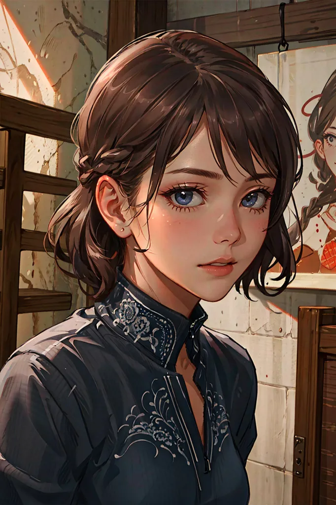 The image is a painting of a young woman with brown hair and blue eyes. She is wearing a blue cheongsam with a white collar. The cheongsam has a floral pattern and is trimmed with white piping. The woman's hair is pulled back into a ponytail and she has a small braid on one side of her head. She is standing in front of a wooden door with a painting of two women hanging on it. The woman in the painting on the left is wearing a red cheongsam and the woman in the painting on the right is wearing a blue cheongsam. The woman in the painting on the left has her hair in a bun and the woman in the painting on the right has her hair down.