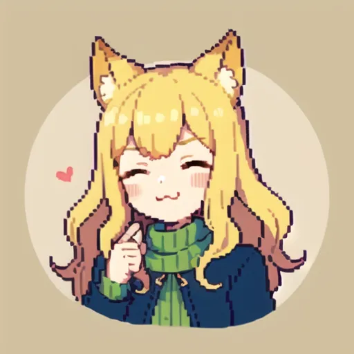 The image shows a pixelated anime-style girl with cat ears. She has yellow hair and green eyes, and is wearing a blue sweater with a green scarf. She has a happy expression on her face and is making a heart shape with her right hand. The background is a light brown color.