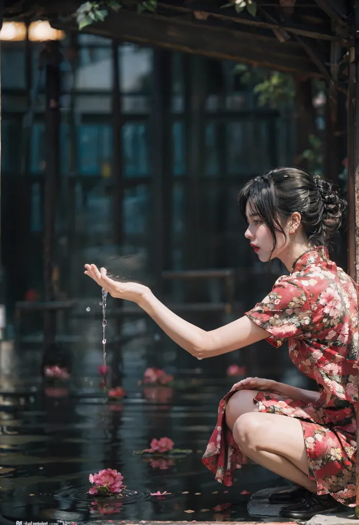 The image shows a young woman in a red and floral cheongsam. She is kneeling on the edge of a pond with her right hand outstretched, letting water from the pond drip from her fingers. The other hand is by her side. She has a serene expression on her face as she gazes at the water. The background is blurry, but it looks like there are plants and trees in the background. The overall effect of the image is one of peace and tranquility.