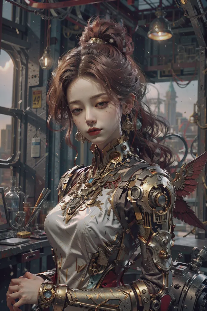 Esta é uma imagem de uma mulher steampunk. Ela está usando um traje branco e vermelho com muitos acessórios de metal e steampunk. Ela tem cabelos castanhos e olhos azuis. Ela está em pé em uma sala decorada com acessórios steampunk.