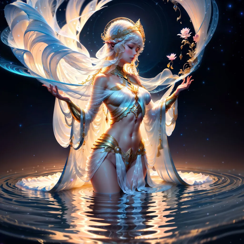 The image is of a beautiful woman with long, flowing white hair and blue eyes. She is standing in a pool of water, and her body is adorned with intricate golden jewelry. She is wearing a white dress with a plunging neckline, and her arms are outstretched to the sides. Her feet are bare, and her toes are curled in the water. The background of the image is a dark blue night sky, with stars and clouds.