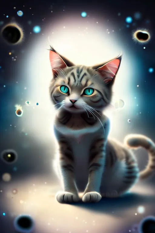 This is an image of a cute cat sitting in a starry void. The cat is gray and white, with big blue eyes and a pink nose. It is looking at the viewer with a curious expression. There are stars and planets floating around the cat, and a bright light in the background. The image is very soft and has a dreamlike quality.