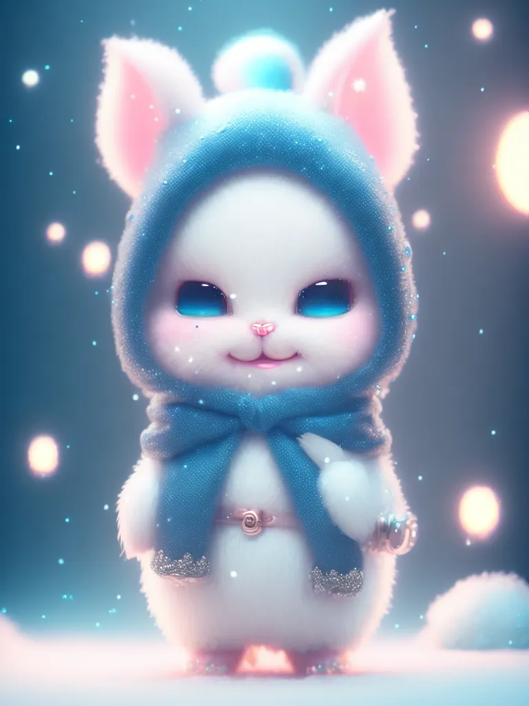 The image shows a cute cartoon rabbit wearing a blue hat and scarf. The rabbit is standing in a snowy landscape, and there are snowflakes falling around it. The rabbit has big blue eyes and a pink nose, and it is smiling happily.