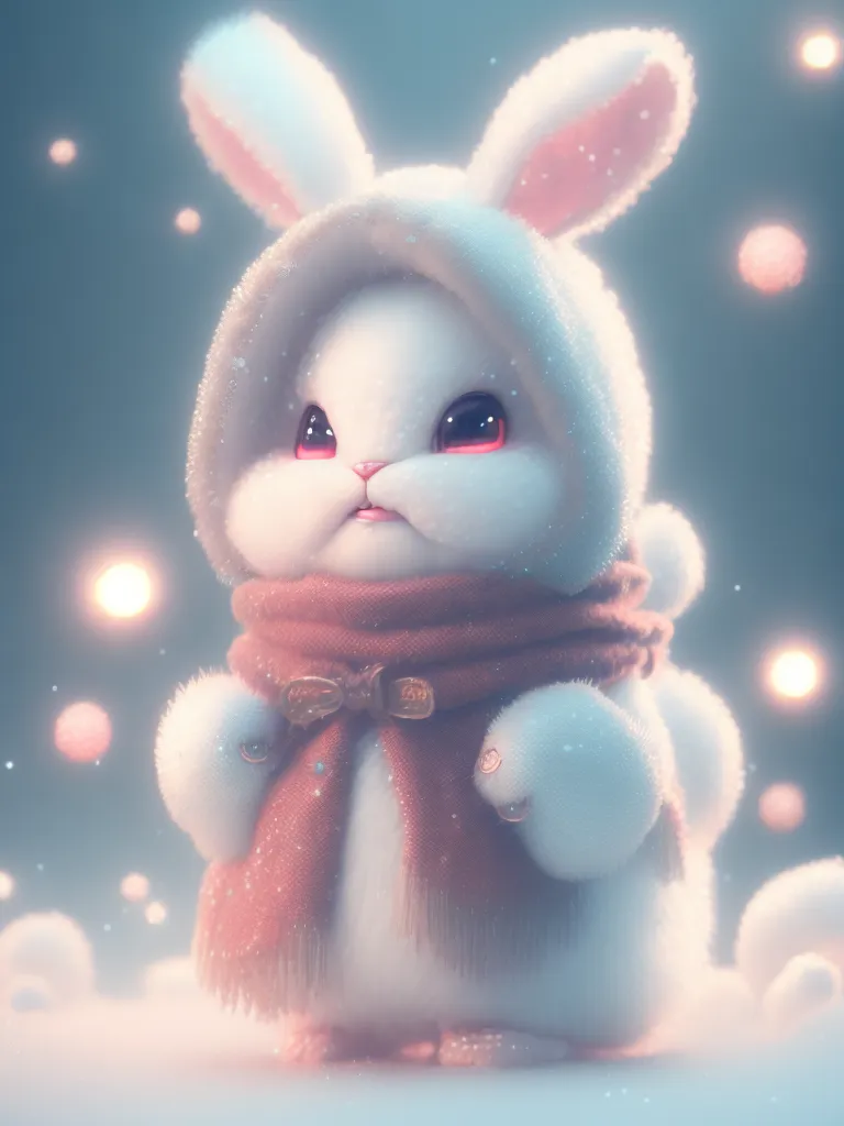 The image shows a cute cartoon rabbit wearing a red scarf and a white hat with rabbit ears. The rabbit is standing in a snowy landscape, and there are snowflakes falling around it. The rabbit has big red eyes and a pink nose, and it is looking at the viewer with a curious expression. The image is very detailed, and the fur on the rabbit's coat looks soft and fluffy.