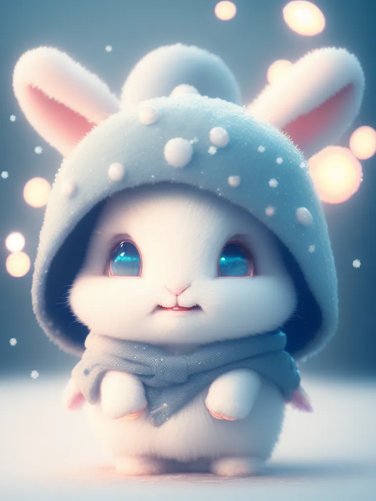 The image shows a cute cartoon rabbit wearing a blue and white polka dot winter hat and a gray scarf. The rabbit has big blue eyes and a pink nose. It is standing on a snowy surface, and there are snowflakes falling around it. The background is a pale blue color. The rabbit is looking at the viewer with a happy expression on its face.