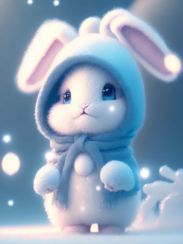 L'image montre un lapin de dessin animé mignon portant un manteau d'hiver bleu avec une capuche. Le lapin a de grands yeux bleus et un nez rose. Il se tient dans un paysage enneigé et regarde le spectateur avec une expression curieuse. L'image est rendue dans un style doux et réaliste et a une atmosphère chaleureuse et accueillante.