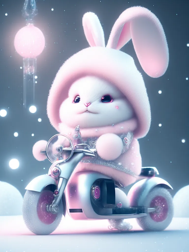 The image shows a cute cartoon rabbit in a pink and white winter outfit. It is riding a pink and white scooter through a snowy landscape. The background is a light blue color. The rabbit has a big smile on its face and is holding the handlebars of the scooter with both hands. The scooter has three wheels and a small windshield. The rabbit is wearing a pink and white striped scarf and a white hat with two long pink ears. The hat is trimmed with white fur. The rabbit is also wearing a pair of white gloves. There are snowflakes falling in the background.