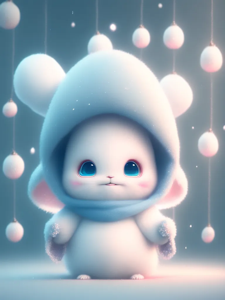 The image shows a cute cartoon creature with big blue eyes and fluffy white fur. It is wearing a blue hat and a blue scarf. There are several small white balls hanging from strings in the background. The creature is standing on a light blue surface and there is a light blue gradient in the background.