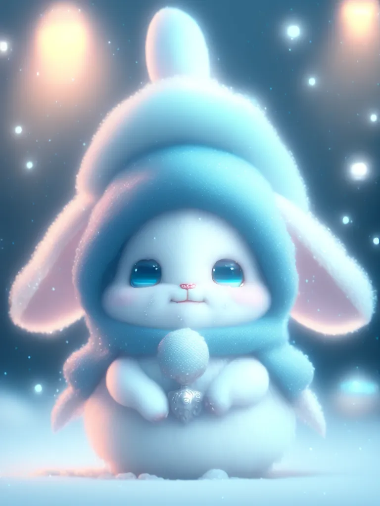 L'image montre un lapin de dessin animé mignon portant un chapeau et une écharpe bleus. Le lapin est assis dans la neige et tient une boule de neige. L'arrière-plan est un paysage d'hiver avec des arbres et des montagnes enneigés. Le lapin a de grands yeux bleus et un nez rose. Il sourit et a l'air heureux. L'image est très mignonne et a une atmosphère chaleureuse et confortable.