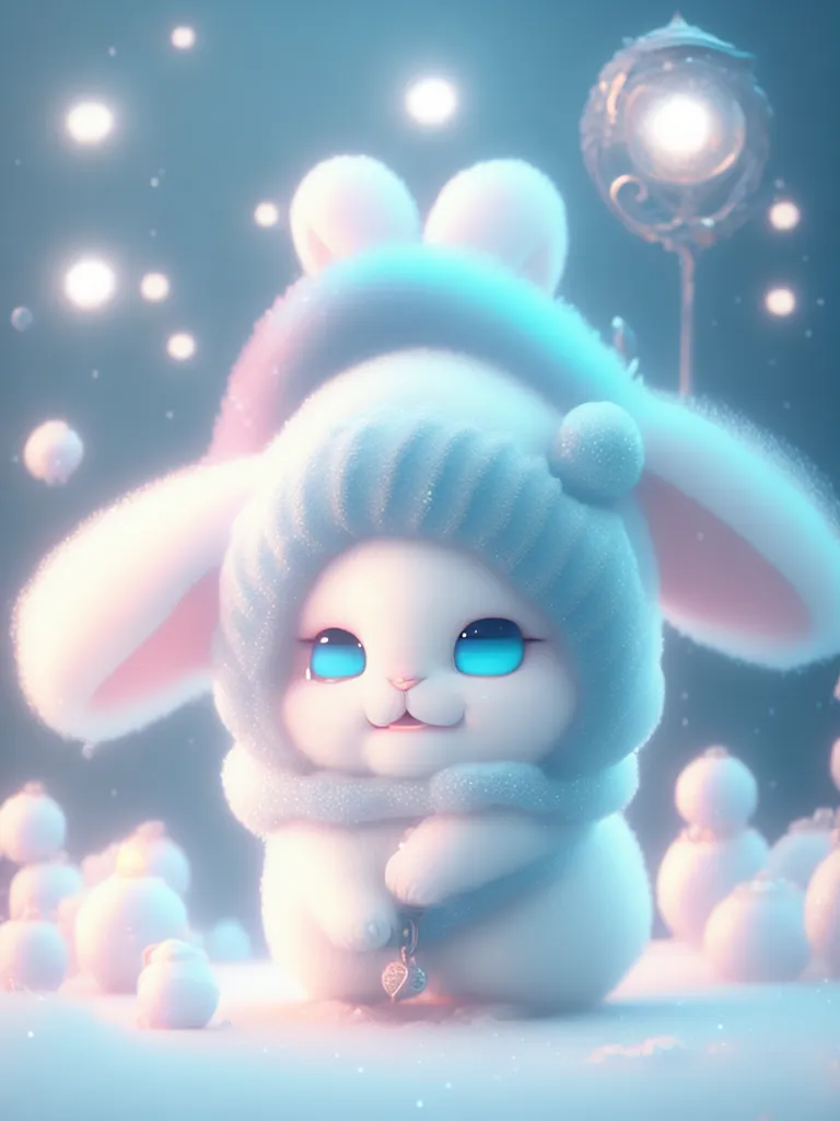 L'image montre un lapin de dessin animé mignon portant un chapeau d'hiver bleu et blanc avec des rabats d'oreilles. Le lapin est assis dans un paysage enneigé, entouré de boules de neige. Le lapin a de grands yeux bleus et un nez rose, et il sourit. Il y a un lampadaire en arrière-plan. L'image est très mignonne et a une palette de couleurs pastel douce.