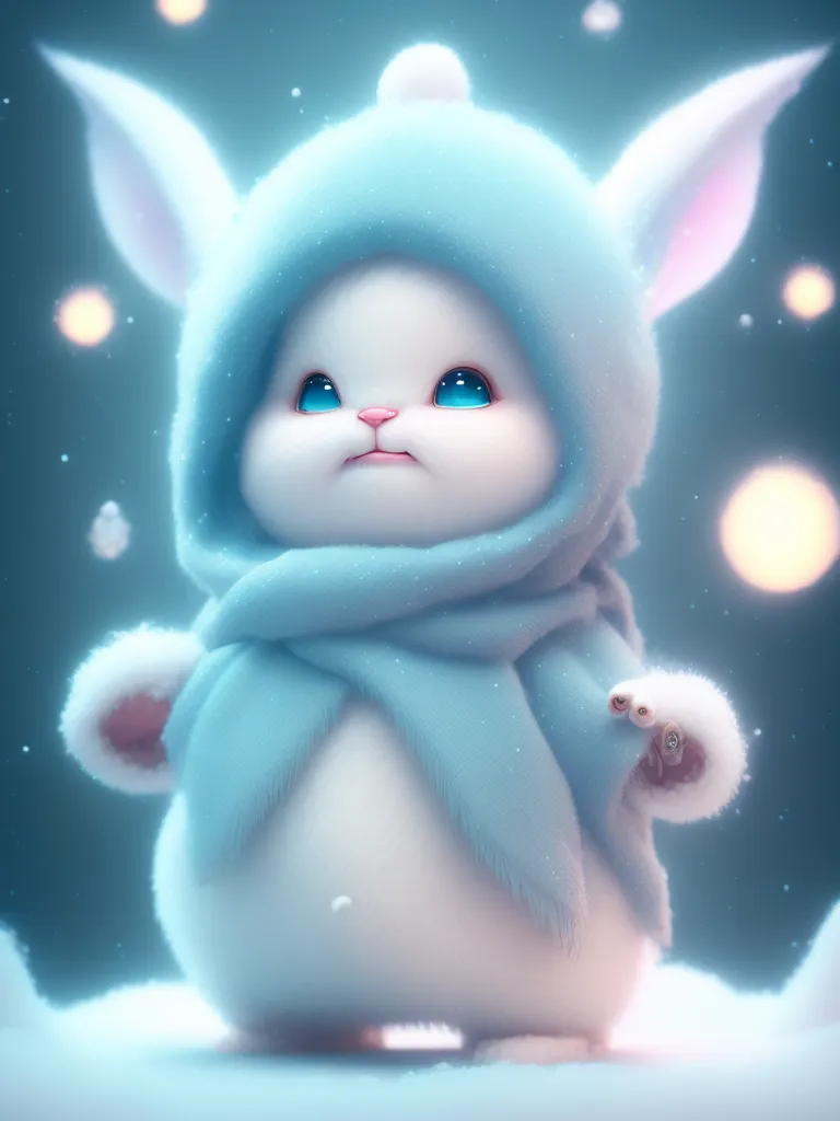 The image shows an adorable cartoon rabbit wearing a blue winter outfit. The rabbit is standing in a snowy landscape, surrounded by falling snowflakes. The rabbit has big blue eyes, a pink nose, and fluffy white fur. It is wearing a blue hat with earflaps, a blue scarf, and a blue coat. The rabbit is looking up at something with a curious expression on its face. The image is very cute and has a soft, wintery feel to it.