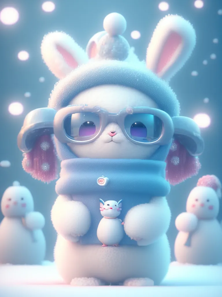 The image shows a cute cartoon rabbit wearing a blue and white winter hat and a blue scarf. It is standing in a snowy landscape, surrounded by three snowmen. The rabbit is wearing glasses and has a small, pink creature in its arms. The background is a light blue color, and there are snowflakes falling.