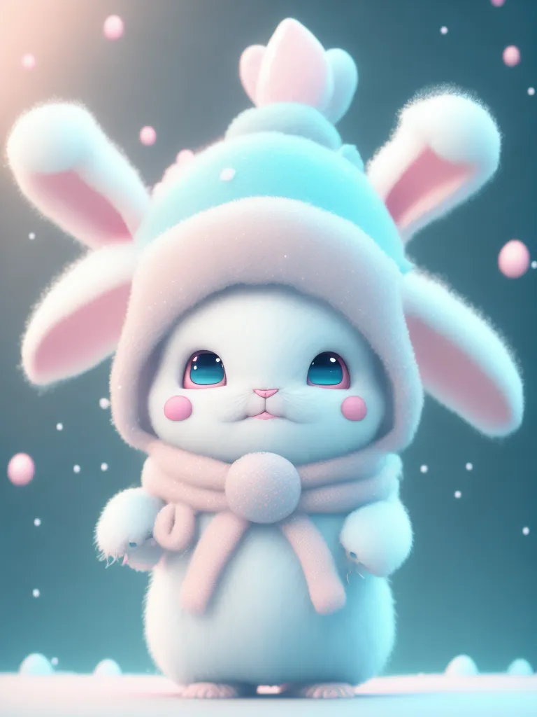 L'image montre un lapin de dessin animé adorable portant un chapeau bleu et blanc moelleux et une écharpe rose. Le lapin se tient sur un sol enneigé et est entouré de neige tombante. Le lapin a de grands yeux bleus et un nez rose, et il regarde le spectateur avec une expression curieuse. L'image est très mignonne et fantaisiste, et elle serait parfaite pour être utilisée comme fond d'écran ou illustration pour un livre pour enfants.