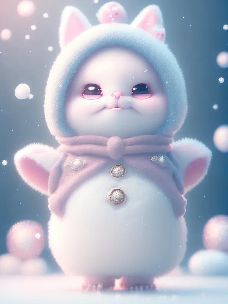 The image shows a cute cartoon creature with rabbit ears. It is wearing a winter hat and scarf. The creature is standing in a snowy landscape and is surrounded by falling snow. The creature is white with light blue and pink accents. It has big round eyes and a small black nose. It is smiling and looks happy.