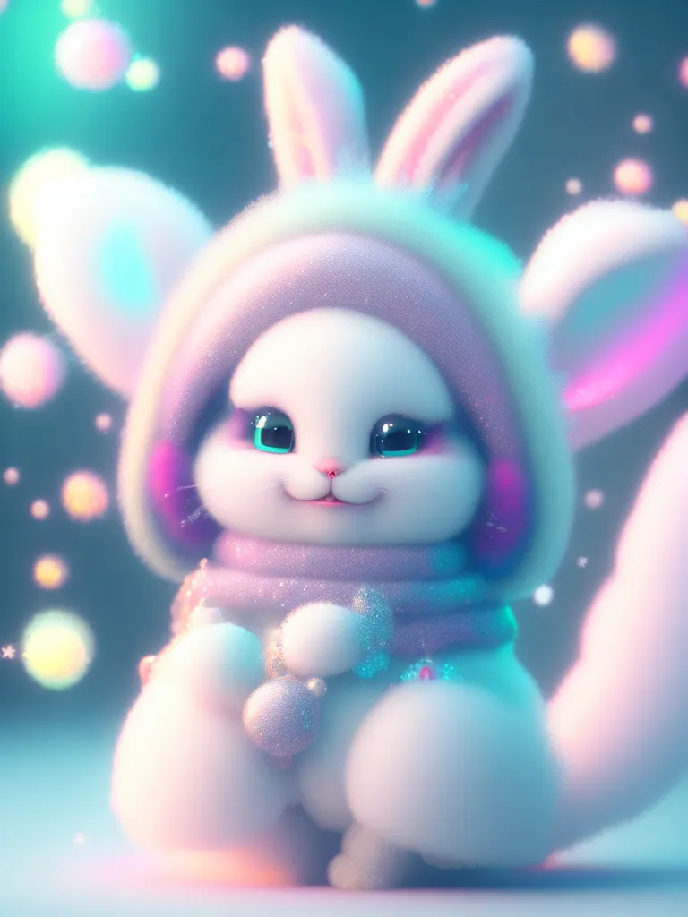 The image shows a cute and fluffy white rabbit wearing a purple and blue winter hat and scarf. The rabbit is sitting on a fluffy white surface, surrounded by colorful bubbles. The rabbit has big green eyes, a pink nose, and a happy expression on its face. It is wearing a necklace with a blue and white pendant. The background is a pale blue color.