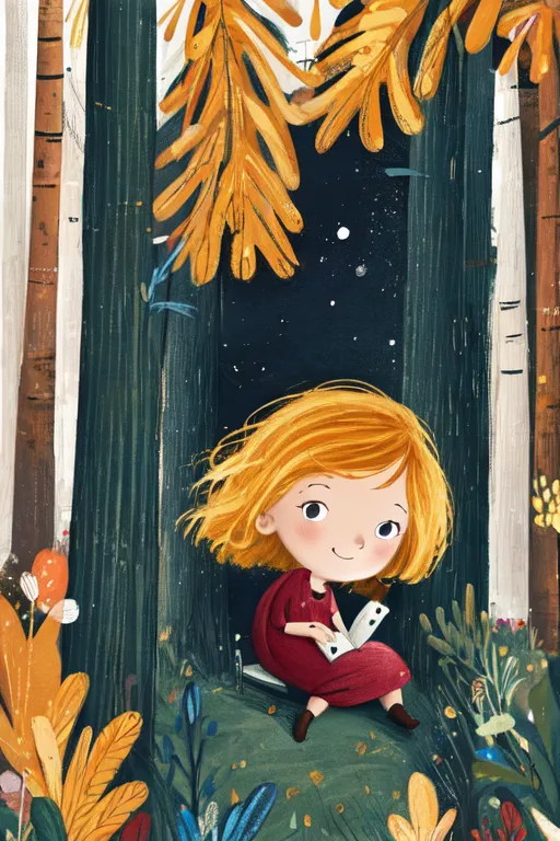 The picture shows a girl sitting on a rock in the middle of a dense forest. She has long blond hair, blue eyes, and is wearing a red dress. The girl is reading a book. She is sitting with her legs crossed and her hands holding the book open. The background of the picture is a night sky with many stars. The trees in the forest are tall and have thick trunks. The leaves on the trees are a mix of green, yellow, and orange. There are also some flowers and plants in the forest. The picture is very colorful and has a lot of detail.