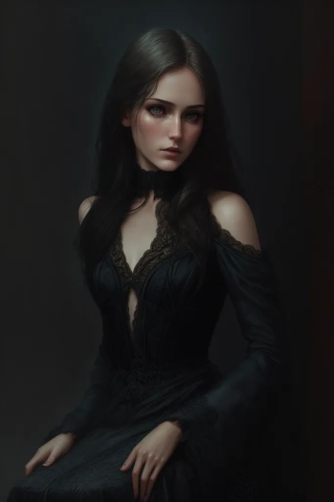 The image is a portrait of a young woman with long dark hair. She is wearing a black dress with a sweetheart neckline and a lace collar. The dress is off the shoulders. She is sitting in a chair, with her hands resting in her lap. She has a pensive expression on her face. The background is dark.