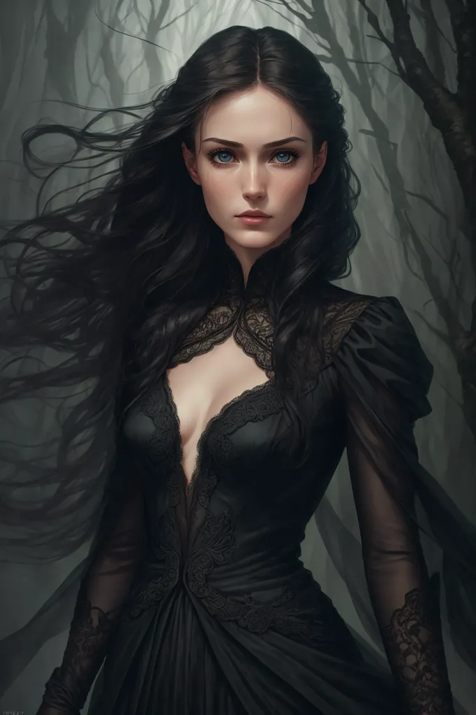 Cette image montre une jeune femme aux longs cheveux noirs et aux yeux bleus. Elle porte une robe noire à décolleté plongeant et col en dentelle. La robe est moulante et met sa silhouette en valeur. Elle se tient dans une forêt sombre, où les arbres sont dénudés. La seule lumière provient de quelques rayons de lune filtrant à travers les arbres. L'expression de la femme est sérieuse, et elle semble regarder quelque chose ou quelqu'un au loin.