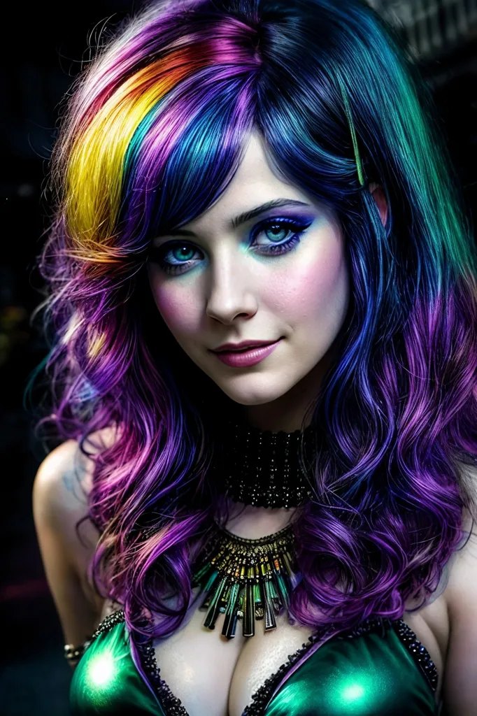 A imagem mostra uma mulher com cabelos longos e ondulados que são uma mistura de cores, incluindo amarelo, azul, verde e roxo. Seus olhos são de uma cor azul clara e ela está usando sombra escura e batom. Ela está usando um top de biquíni verde e está usando um colar. O fundo é escuro.