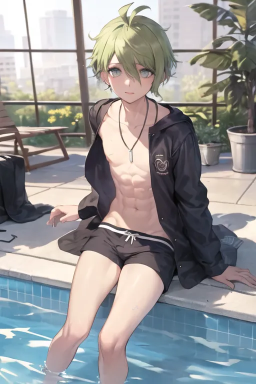 The image is of a young man with green hair and green eyes. He is wearing a black jacket, a white shirt, and a pair of black shorts. He is sitting on the edge of a swimming pool, with his feet in the water. He has a necklace with a heart-shaped pendant. He is looking at the viewer with a shy expression.