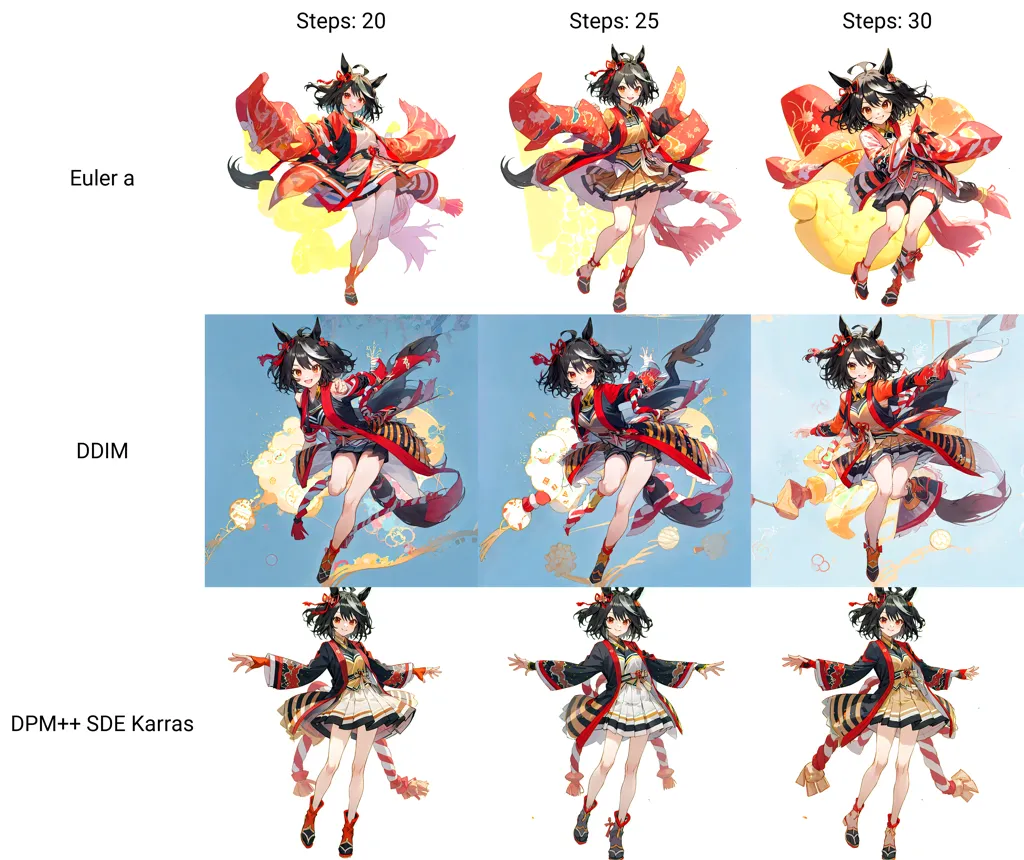 L'image montre une comparaison de différents modèles de génération d'images. Les modèles sont Euler a, DDIM et DPM++ SDE Karras. Les images montrent un personnage de la série animée "Genshin Impact". Le personnage est une jeune femme aux longs cheveux noirs et aux yeux rouges. Elle porte un kimono rouge et blanc. Les images sont présentées en trois étapes différentes. La première étape est à 20 étapes, la deuxième étape est à 25 étapes et la troisième étape est à 30 étapes. Les images montrent le personnage dans différentes poses. La première image montre le personnage debout, les bras le long du corps. La deuxième image montre le personnage debout, les bras levés. La troisième image montre le personnage debout, les bras écartés. Les images montrent les différences entre les différents modèles de génération d'images. Le modèle Euler a produit des images plus réalistes et plus détaillées. Le modèle DDIM produit des images plus stylisées et moins détaillées. Le modèle DPM++ SDE Karras produit des images qui sont un mélange de réalisme et de style.