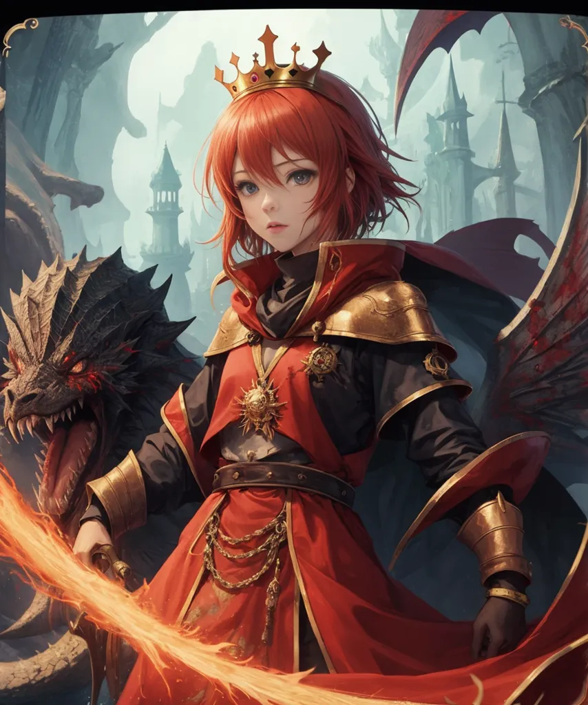 This image shows a young woman with long red hair and red eyes. She is wearing a red and gold dress with a white cape. She is also wearing a crown and holding a sword. There is a dragon behind her. The background is a castle with mountains in the distance.