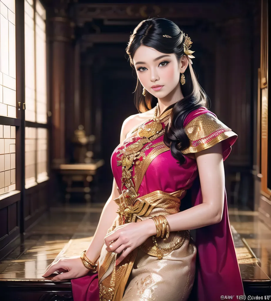 The image shows a young woman in a traditional Thai dress. She is wearing a pink and gold tube top, a long golden skirt, and a golden belt. She has a white scarf draped over her shoulder. Her hair is long and black, and she is wearing a traditional Thai hairstyle. She is standing in a traditional Thai house, and there is a wooden ta