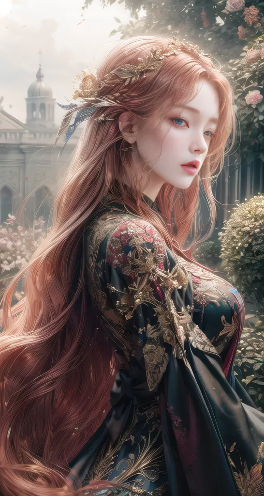 The image is a portrait of a beautiful woman with long red hair. She is wearing a black dress with gold and red details. The dress has a high collar and is decorated with intricate patterns. The woman is standing in a garden, and there are trees and flowers in the background. She is looking at the viewer with a serious expression.