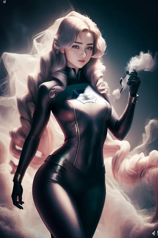 The image shows a woman wearing a black latex bodysuit. She has long blonde hair and blue eyes. She is standing in a cloud of smoke. She is looking at the viewer with a serious expression.