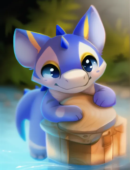 The image is of a small, blue dragon-like creature. It has large, yellow eyes and a friendly expression on its face. It is standing on a wooden stump in a shallow pool of water. The water is up to the creature's knees. The creature's body is covered in blue scales, and it has yellow markings on its ears, tail, and paws. It is looking at the viewer with its head tilted to one side.