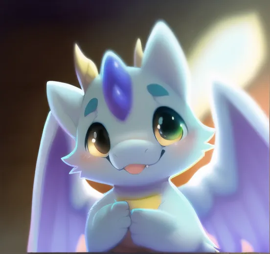 The image is a cartoon dragon. It has blue and purple fur, with yellow eyes and a yellow belly. It is smiling and has its hands together in front of its chest. It has small wings and a small tail. The background is a gradient of brown and yellow.