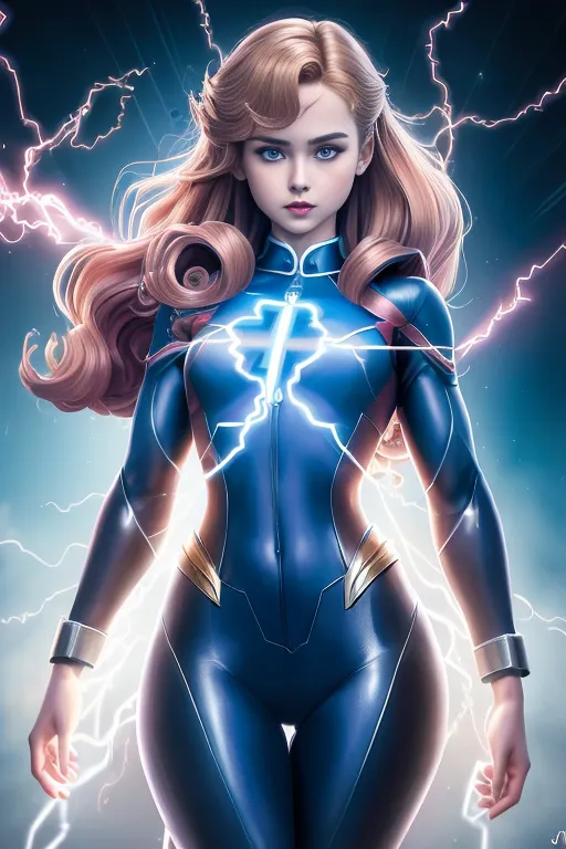 The image shows a young woman with long, flowing blonde hair. She is wearing a blue and gold superhero costume with a white lightning bolt on the chest. Her eyes are blue and she has a determined expression on her face. There is lightning around her.