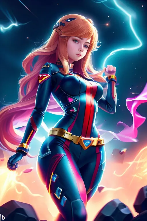 This is an image of a female superhero. She is wearing a blue and red skin-tight suit. The suit has a yellow belt and a yellow symbol on the chest. She has long blond hair and blue eyes. She is standing in a powerful pose, with one hand on her hip and the other raised in the air. There is a bright light in the background, and she is surrounded by glowing pink energy.