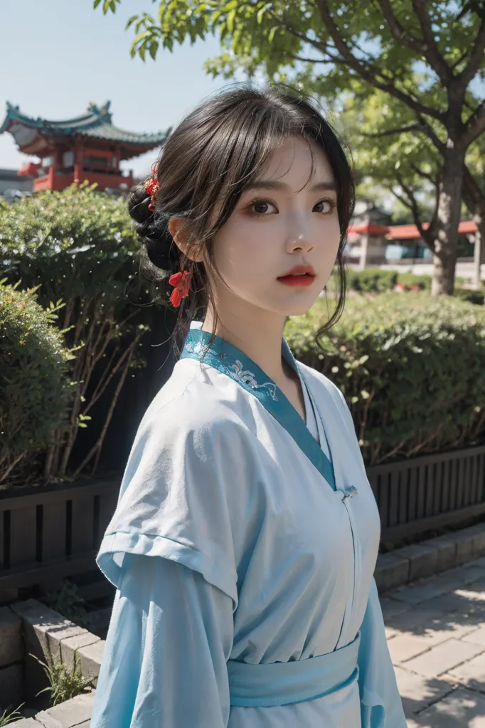 A imagem mostra uma jovem mulher vestindo um vestido tradicional chinês (Hanfu) com cores azul e branca. O vestido possui padrões tradicionais chineses. Ela tem o cabelo preso em um coque e está usando brincos vermelhos. Ela está em pé em um parque com um edifício tradicional chinês ao fundo.