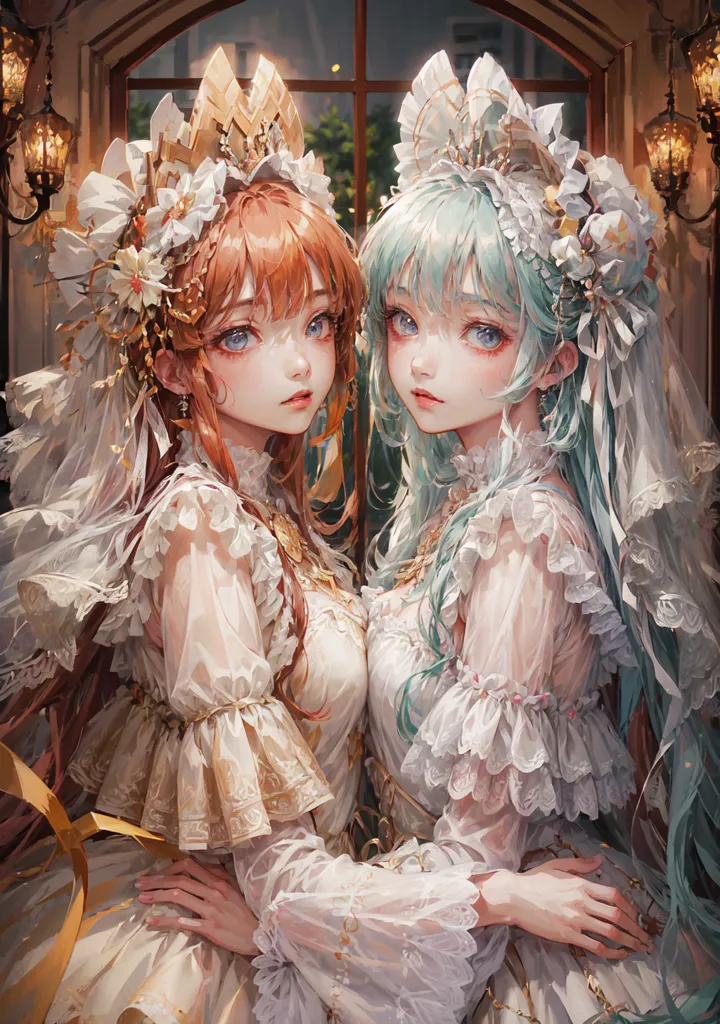 The image shows two young women, both with long hair and wearing white dresses. The woman on the left has red hair and blue eyes, while the woman on the right has green hair and blue eyes. They are both wearing crowns of white flowers and are standing in front of a large window. The background is a blur of light and dark colors.