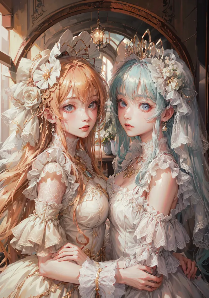 The image shows two beautiful women in wedding dresses. The woman on the left has long, golden hair and blue eyes. She is wearing a white dress with a sweetheart neckline and a full skirt. The woman on the right has long, blue hair and blue eyes. She is wearing a white dress with a square neckline and an A-line skirt. Both women are wearing elaborate headpieces and jewelry. They are standing in front of a mirror, and they are both looking at the viewer.